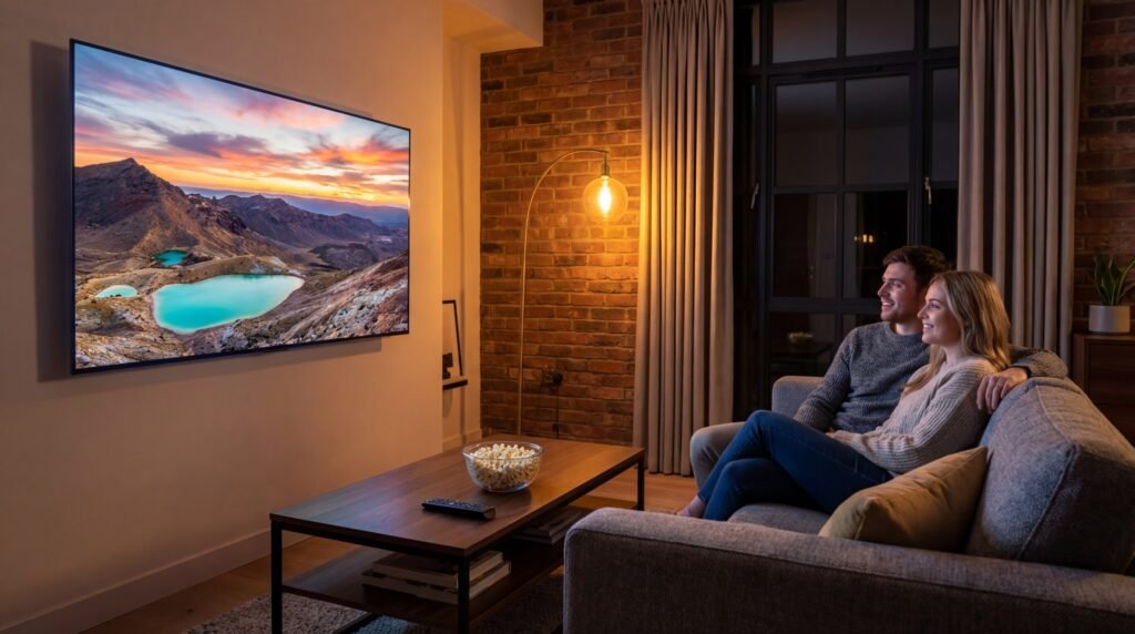 A happy British couple enjoying a buffer-free 4K movie experience thanks to the adaptive bitrate features of a professional ott player