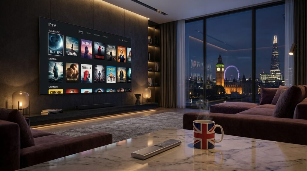 Best IPTV Smart 2026 premium interface in a London living room setup