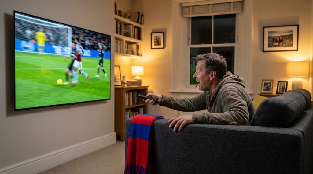 British football fan testing 4K stream stability and Anti-Freeze technology during a free IPTV trial UK