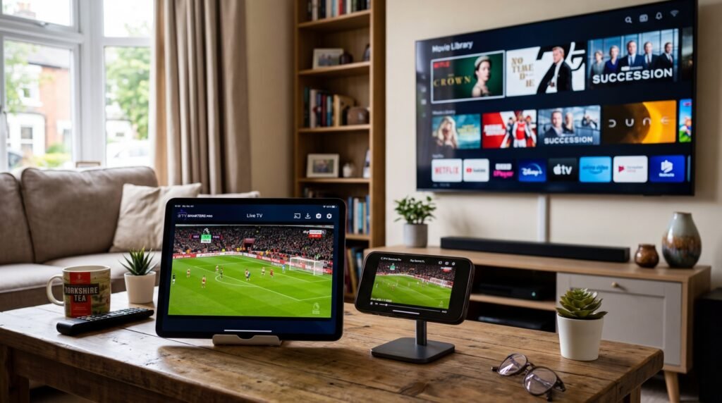IPTV Smarters Pro app running on Smart TV, tablet, and smartphone simultaneously