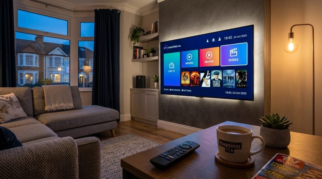 IPTV Smarters Pro best media player interface on a 4K TV in the UK