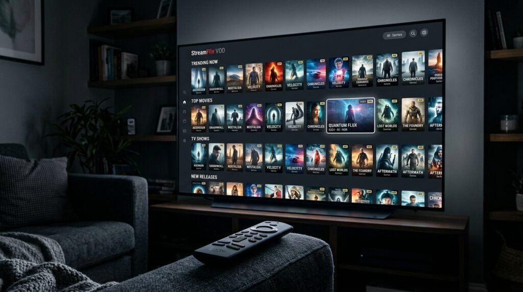 Massive VOD library with thousands of movies and series on a British IPTV app
