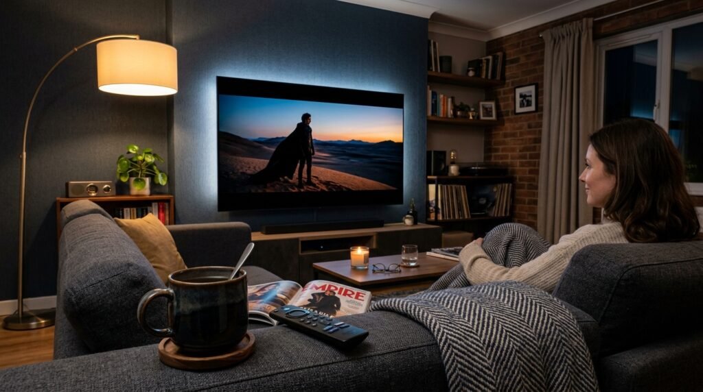 Premium British IPTV streaming high-quality 4K movies in a cozy UK home environment