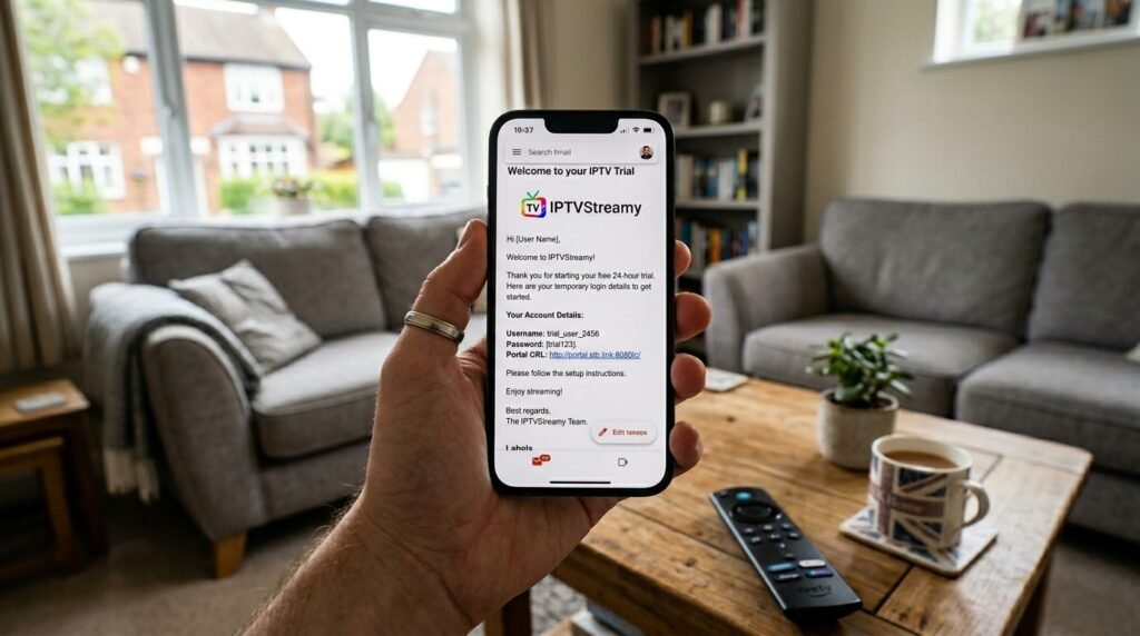 Receiving the IPTV trial login details via email for a Firestick setup in the UK