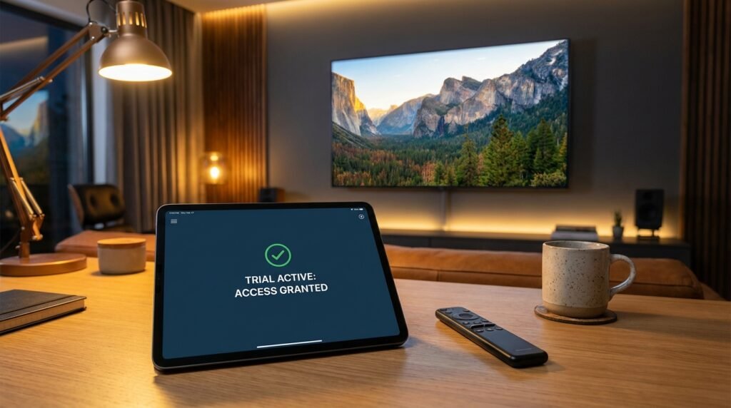 Successful activation of an IPTV trial on a tablet with high-quality cinematic streaming in a UK home