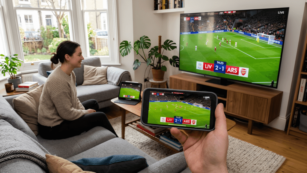 Testing an IPTV free trial across multiple devices including smartphone, tablet, and smart TV