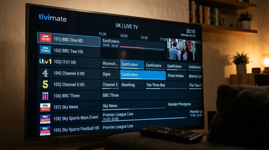 TiviMate IPTV player interface for UK viewers - Sky Q style