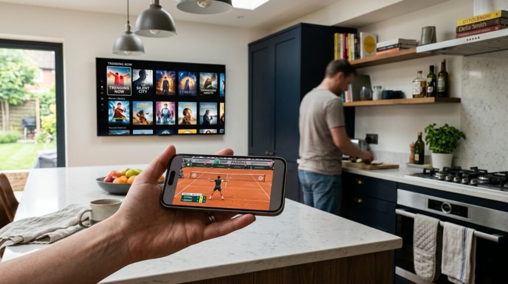 Watching live sports on a smartphone via British IPTV while the main TV streams a movie.