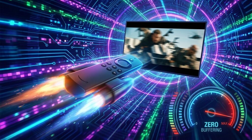 A conceptual high-speed rocket representing an optimized Firestick setup for zero-buffering IPTV streaming.