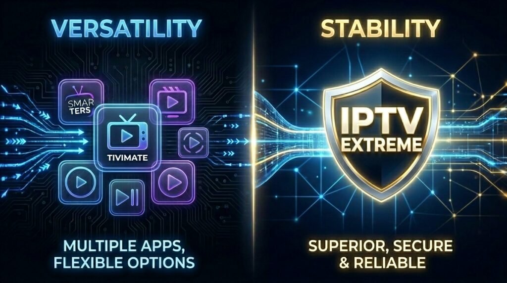 A digital comparison graphic highlighting IPTV Extreme’s stability and compatibility features against other 2026 streaming players.