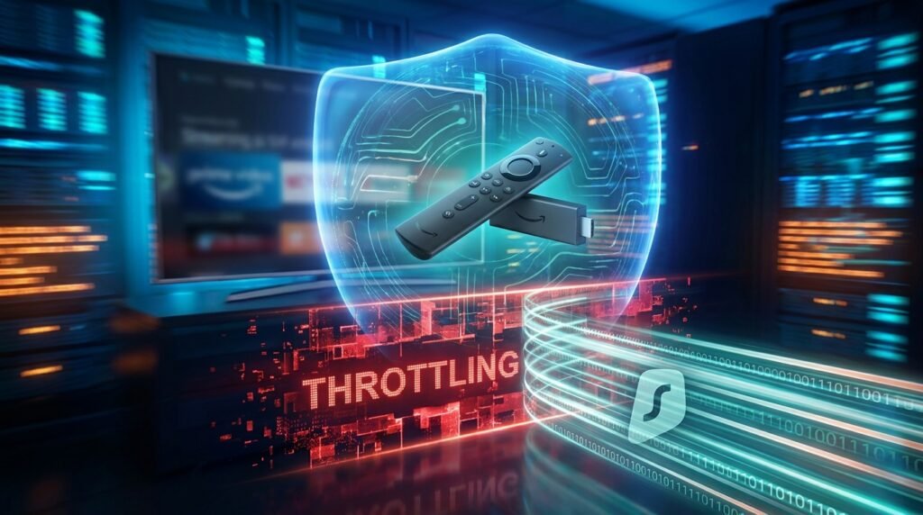 A digital shield protecting a Firestick from ISP throttling, visualizing a secure VPN connection for streaming.