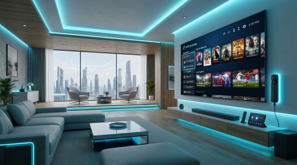 A futuristic 2026 living room featuring an 8K TV displaying the IPTV Extreme app interface next to an Amazon Firestick.