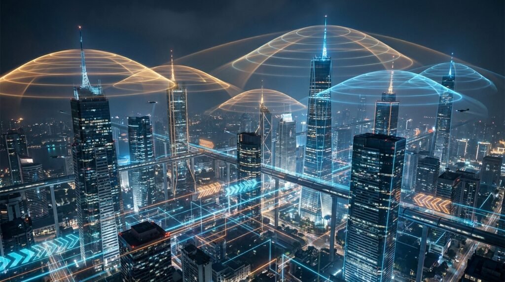 A futuristic city skyline at night with 5G signal waves radiating from towers, illustrating the impact of 5G on IPTV USA streaming quality.
