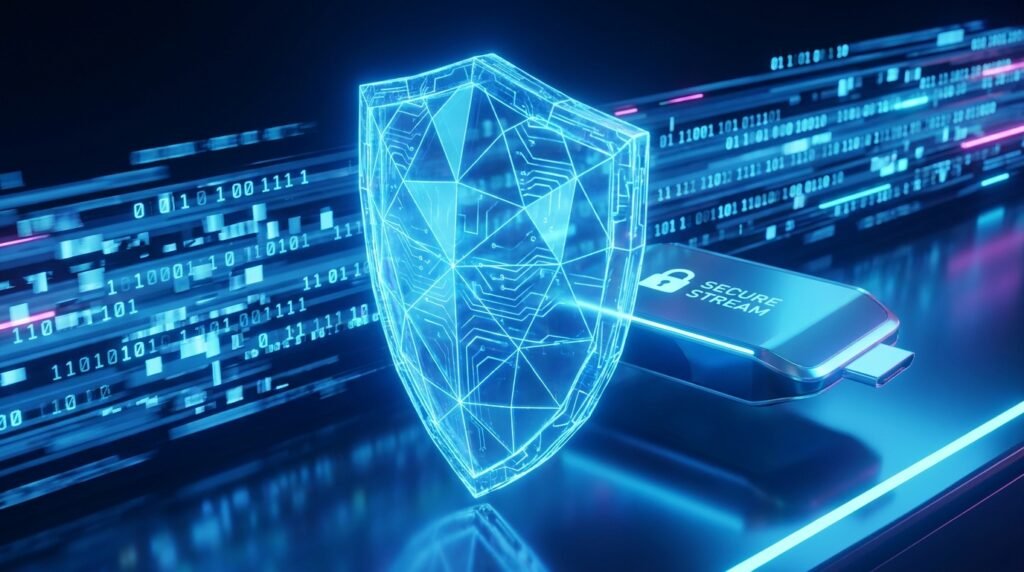 A glowing digital security shield icon protecting a streaming device, symbolizing VPN encryption for safe IPTV viewing.