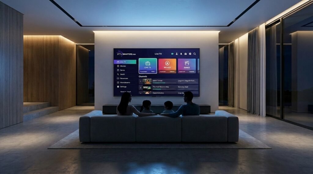 A modern living room with a large smart TV displaying a glowing digital signal wave, representing IPTV USA replacing traditional cable in 2026.
