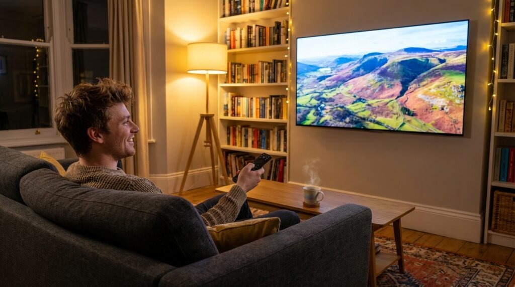 A satisfied viewer enjoying a buffer-free 4K experience with the best IPTV apps