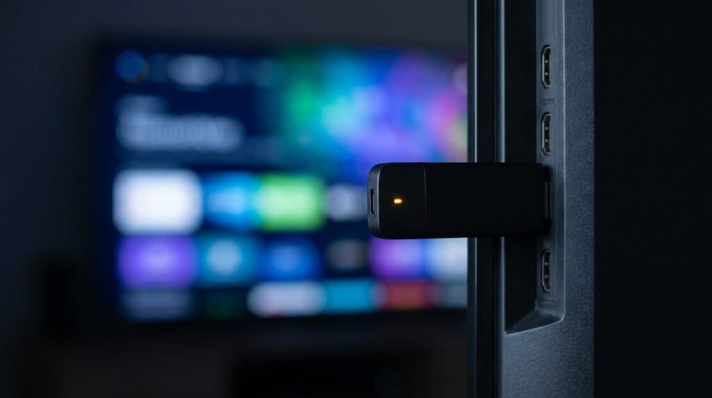 Best IPTV player for FireStick UK 2026 — Amazon FireStick 
4K plugged into a smart TV HDMI port with streaming UI in background