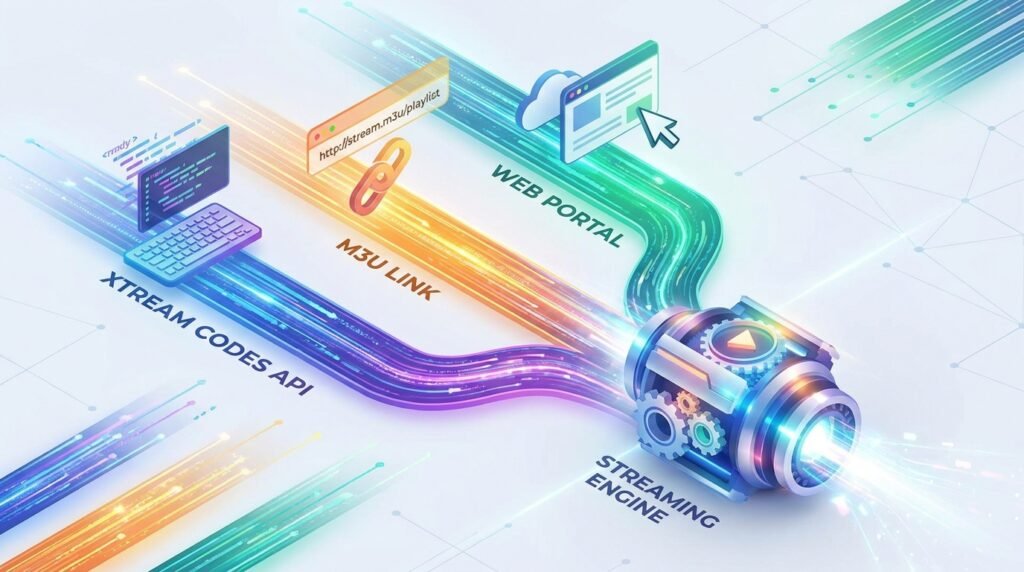 An infographic illustrating the three ways to connect an IPTV playlist Xtream Codes API, M3U URL, and Web Portal.