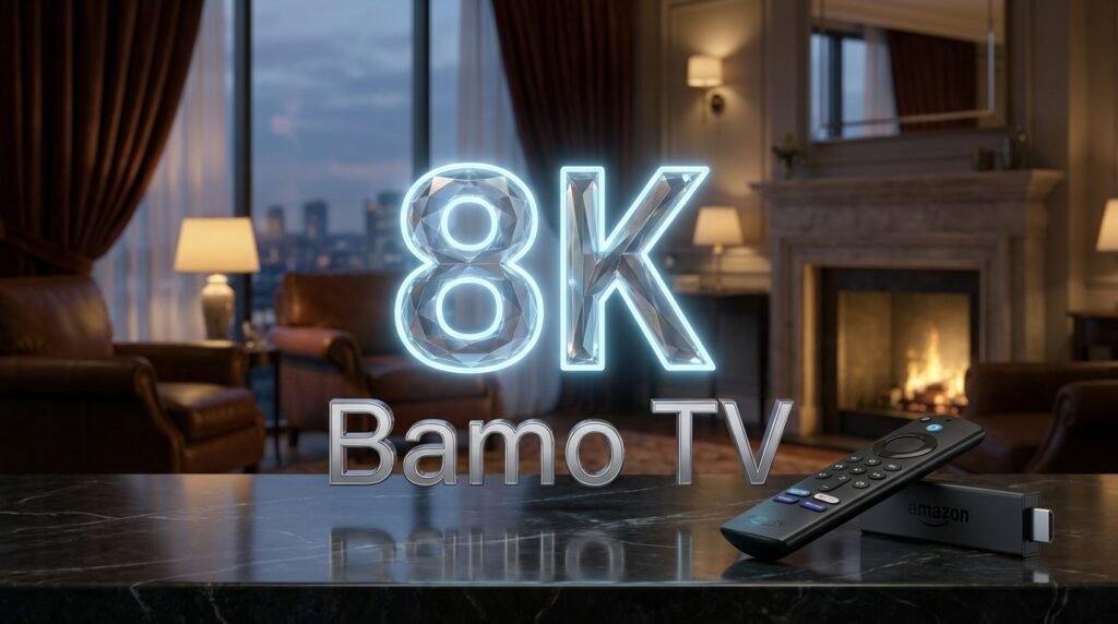 Bamo TV 8K streaming live sports on a large 8K screen via Firestick in a dark home theater — best IPTV subscription for buffer-free 8K viewing in 2026
