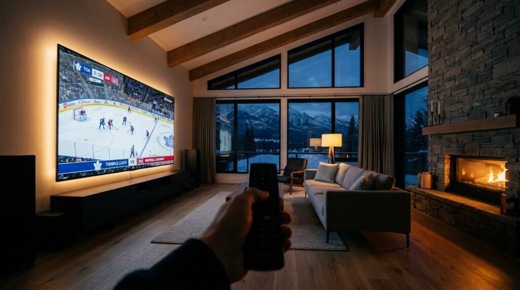 Best IPTV Canada 2026 - Modern living room with 4K TV streaming NHL hockey game