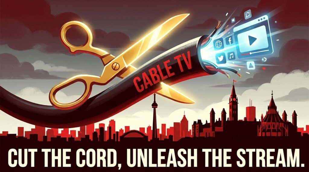 Best IPTV Canada 2026 final verdict - cable cord being cut with scissors revealing streaming interface Canadian skyline