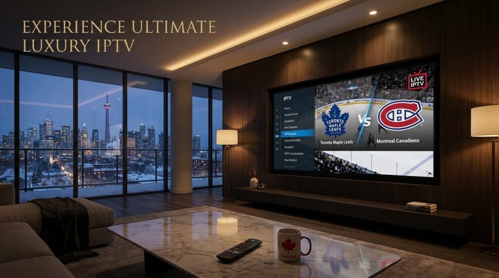 Best IPTV Canadian 2026 hero banner showing 4K NHL streaming in a luxury Toronto penthouse.