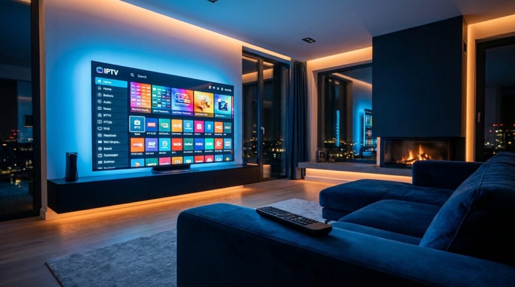 Best IPTV Service Providers, Modern living room with 4K TV displaying an IPTV channel grid interface at night