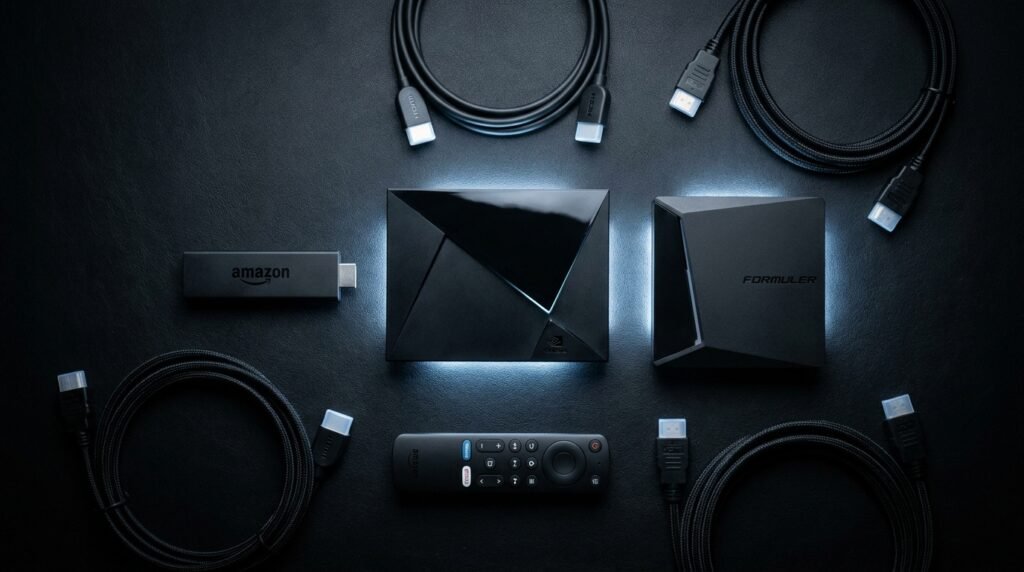 Best IPTV hardware 2026 - Amazon Firestick Nvidia Shield and Formuler streaming devices flat lay
