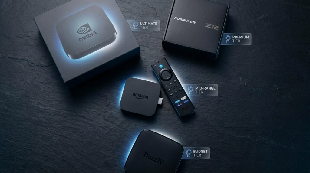 Best IPTV hardware 2026 flat lay showing Nvidia Shield Firestick 4K Max Formuler and BuzzTV streaming devices