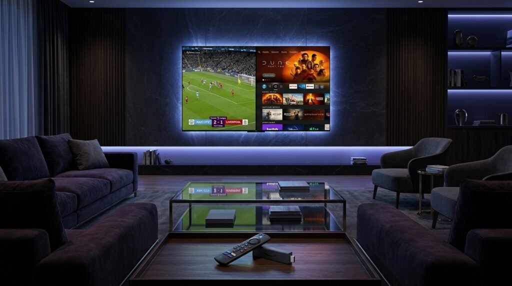 Best IPTV provider 2026 streaming live Premier League in 4K on a large smart TV in a modern living room