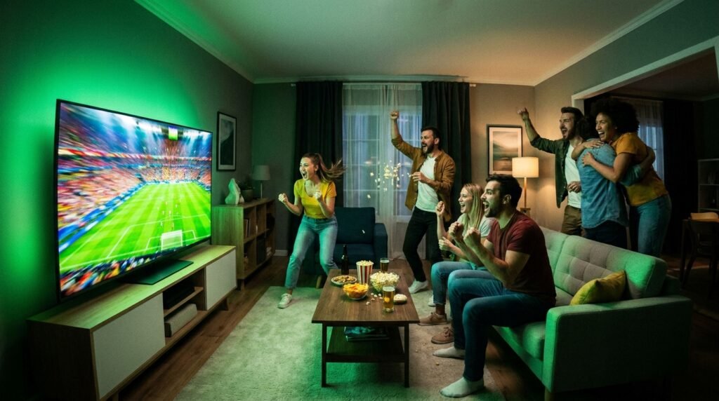 Cinematic living room view of a high-motion sports broadcast on a 4K TV, tested for zero-lag performance.
