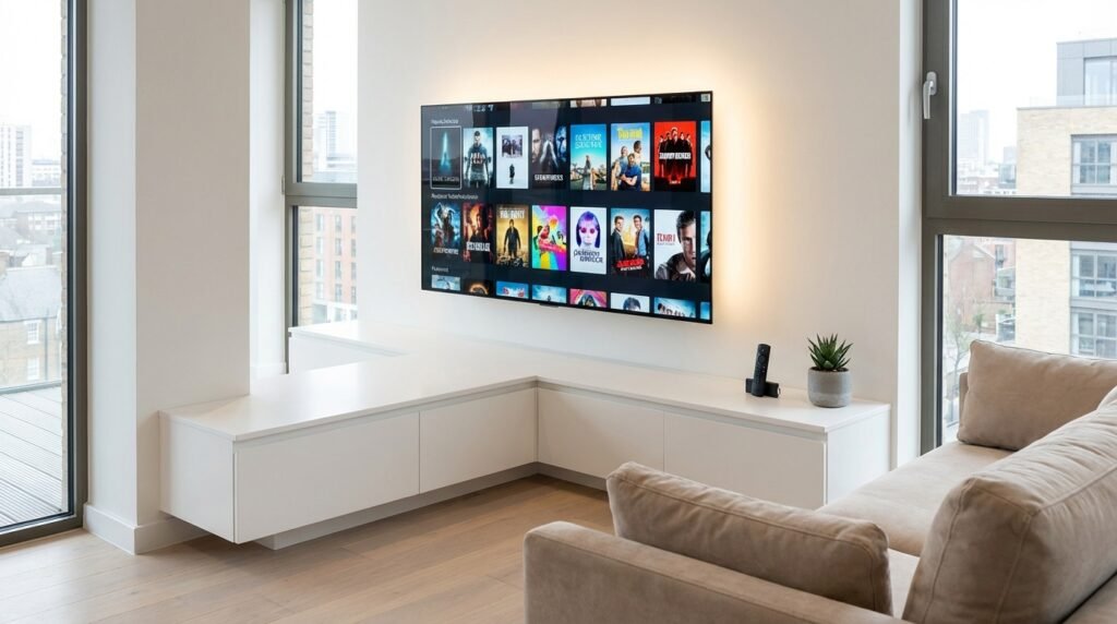Clean and minimalist cord-cutting setup with the best IPTV smart player for Firestick in a modern UK home