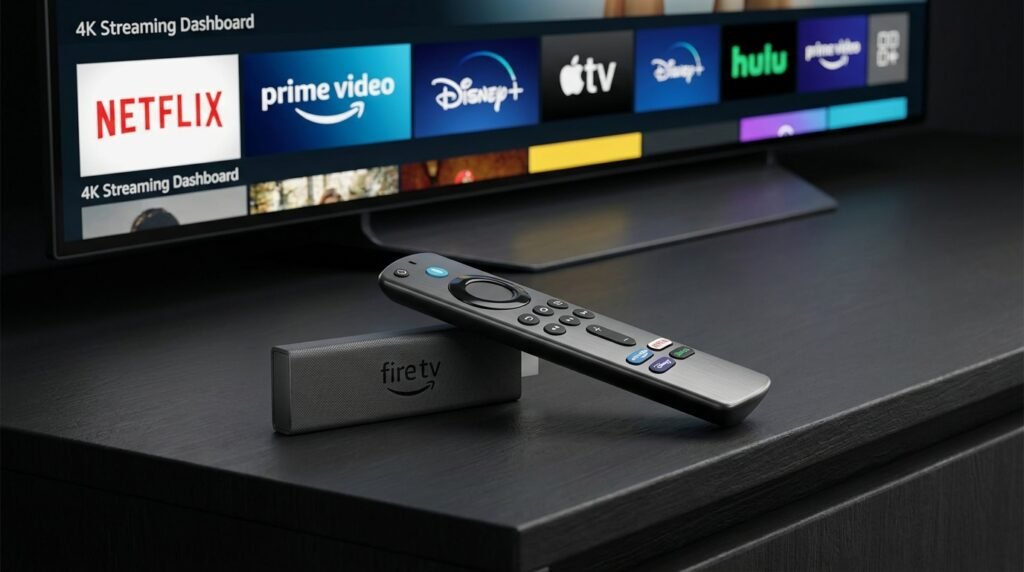Close-up of an Amazon Fire TV Stick 4K Max, illustrating an IPTV service compatible with Firestick and Smart TV