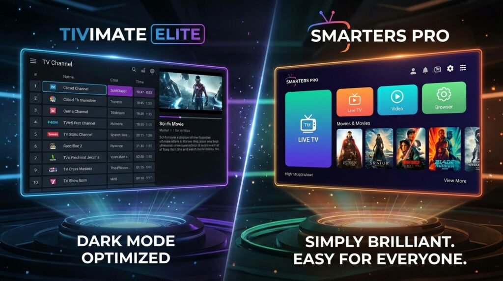 Comparison of the best IPTV premium apps TiviMate vs IPTV Smarters Pro.