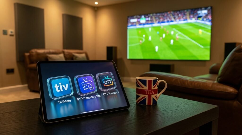 Comparison of the best IPTV smart player logos including TiviMate, IPTV Smarters Pro, and OTT Navigator for UK Firestick