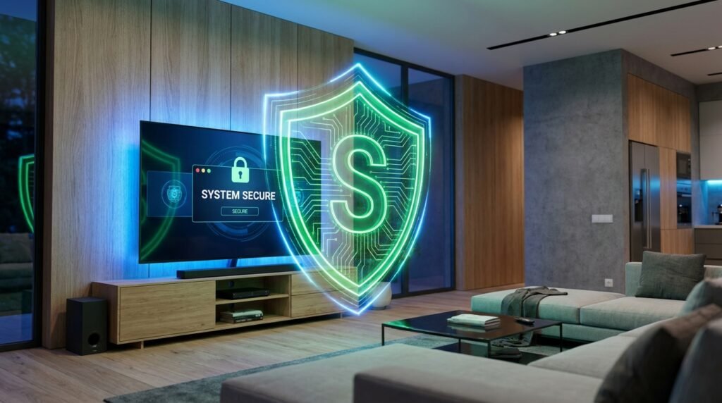 Digital security shield protecting a Smart TV, representing safe and secure IPTV Canadian providers.