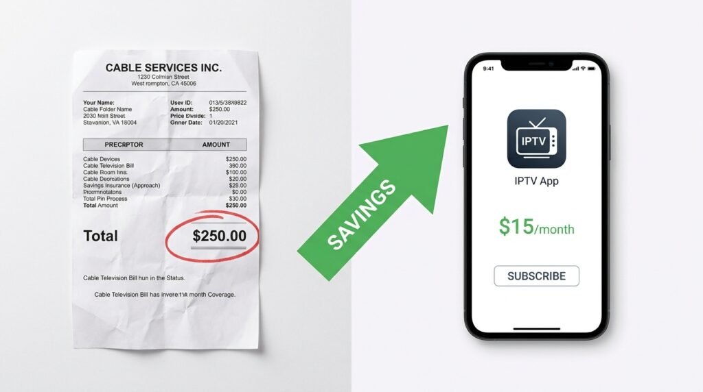 Flat lay infographic style, split comparison visual, left side shows a crumpled cable TV bill with $250 highlighted in red, right side shows a clean smartphone screen showing $15month IPTV app, green savings arrow between them, white background, professional marketing photography