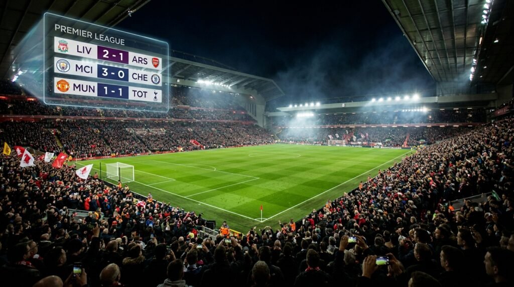 Football stadium at night with IPTV Premier League channel interface overlay for UK sports streaming