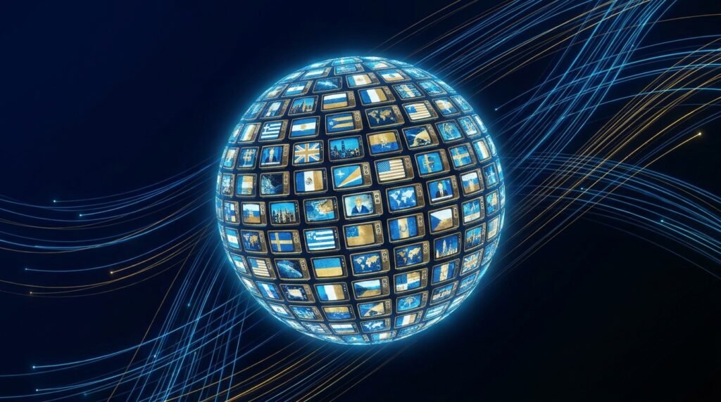 Specialist IPTV provider UK — glowing globe made of 
international TV channel tiles representing global streaming content