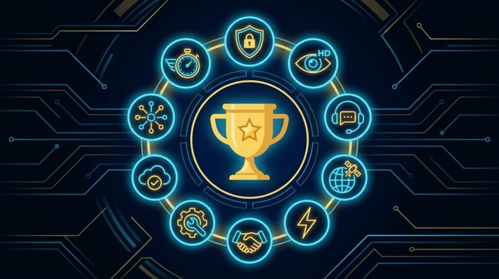 Golden trophy surrounded by icons representing the 10 quality pillars of premium IPTV providers