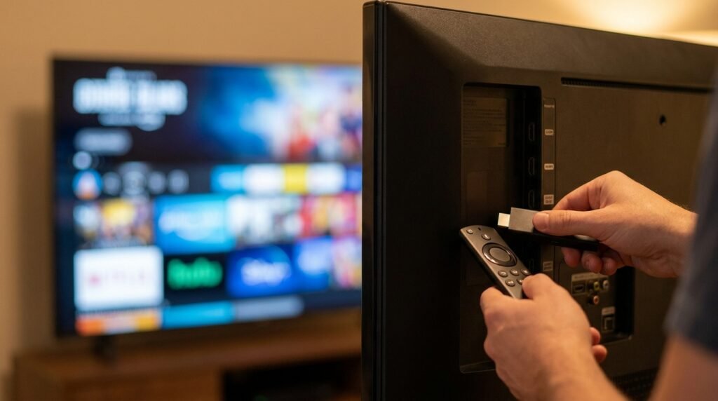 Hands plugging a Fire TV Stick into a smart TV to set up an IPTV service at home