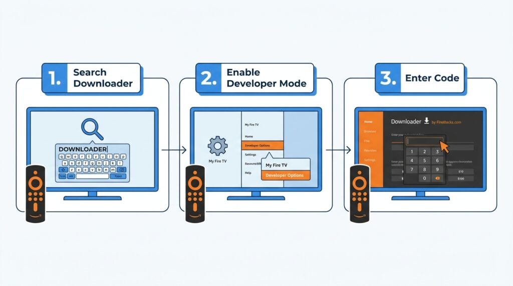 Step-by-step guide to sideloading IPTV apps on Firestick using the Downloader app in 2026, including developer mode setup and install codes.