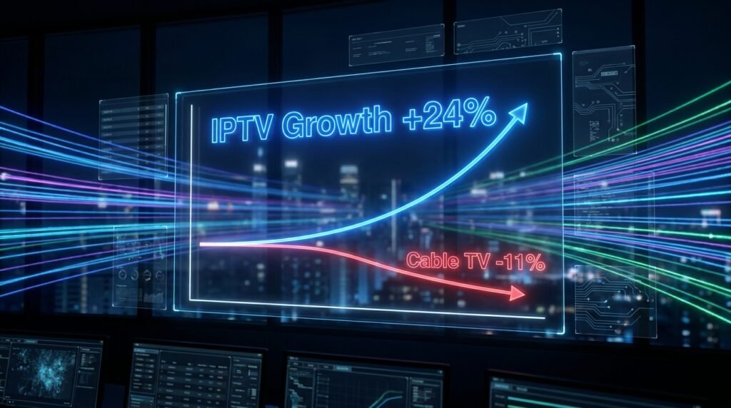 IPTV market growth chart 2026 showing 24% rise in subscriptions versus 11% decline in traditional cable TV