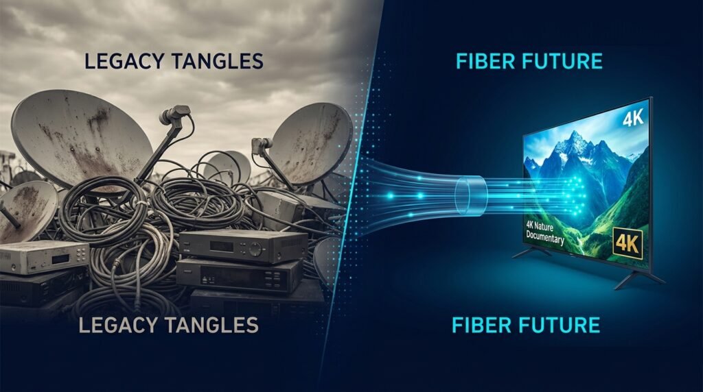 IPTV replacing cable in 2026 - fiber internet streaming 4K content on smart TV vs old satellite dish