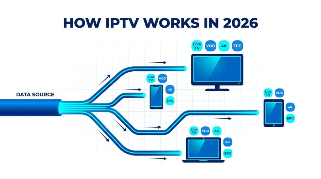 How IPTV service provider works in 2026 — data flow from fiber internet to smart TV tablet and smartphone

