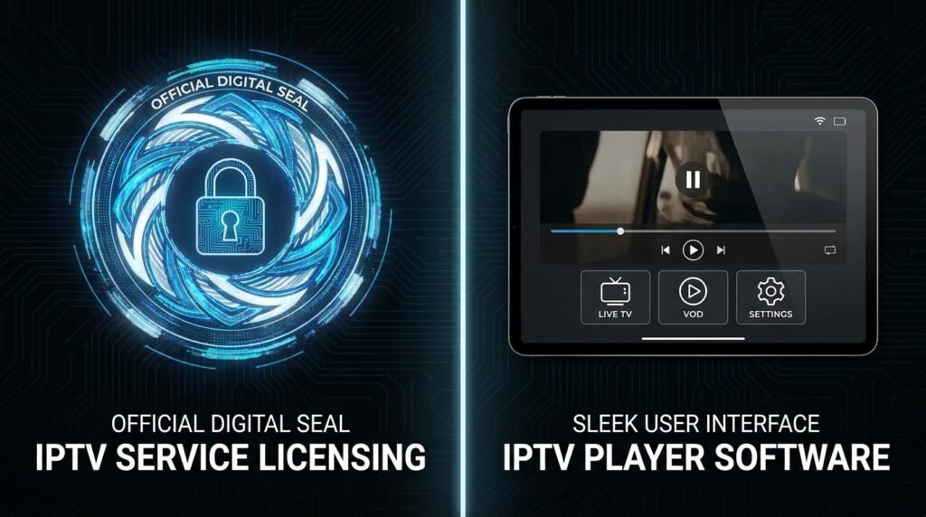 Infographic comparing a legal IPTV service license and a professional IPTV player software interface.
