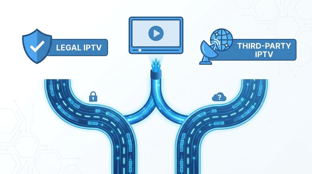 Comparison of legal and third-party IPTV subscription options for Firestick users in 2026, showing key differences in content and pricing.