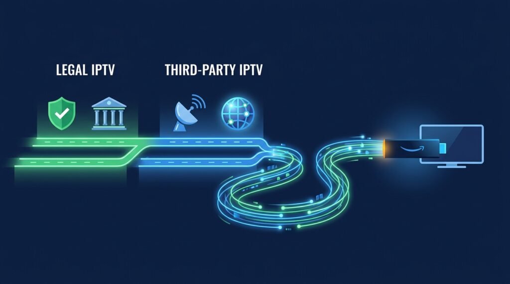 Infographic comparing legal and third-party IPTV subscription options for Firestick in 2026, highlighting content, pricing, and safety differences.