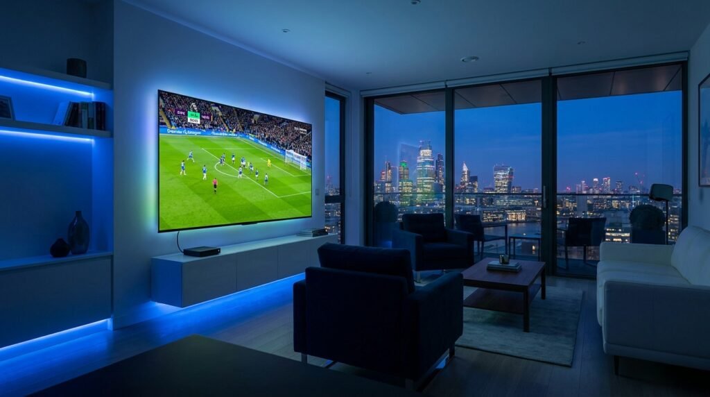 Best IPTV provider UK 2026 — modern British living room with 4K TV streaming Premier League via IPTV on a sleek streaming device