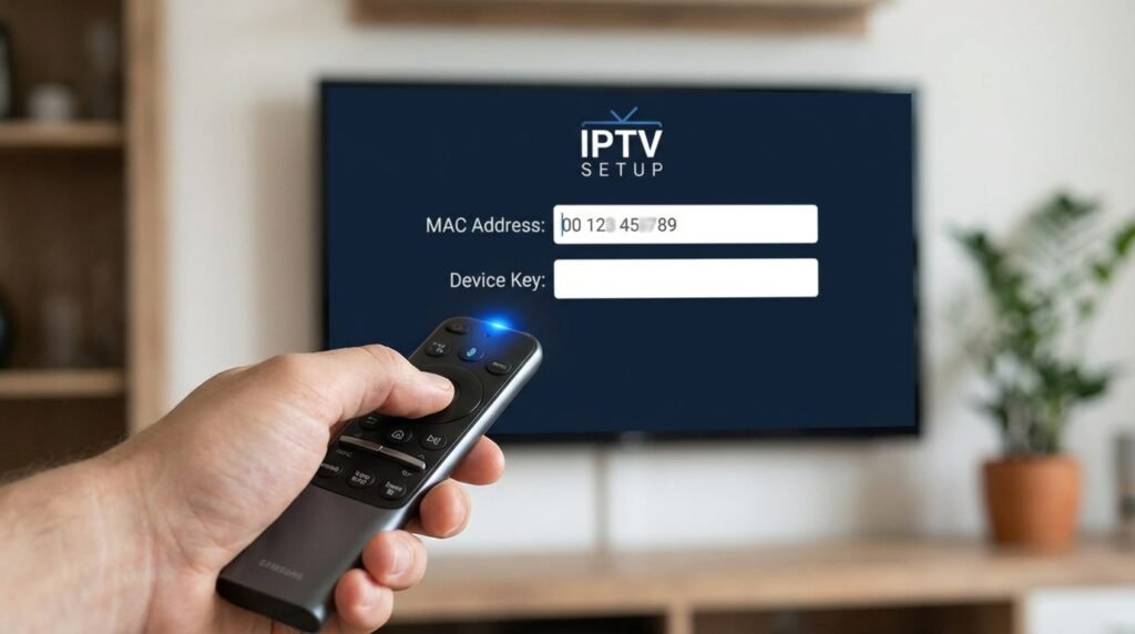 Locating the MAC address and device key for IBO Player activation on a smart TV